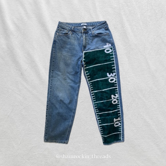 forest green white and blue hand painted football field jeans - Picture 2 of 16